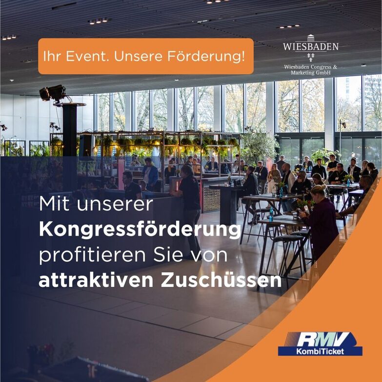 Ansicht eines Event in Halle Süd im RMCC mit Hinweis zur Kongressförderung und dem RMV Logo