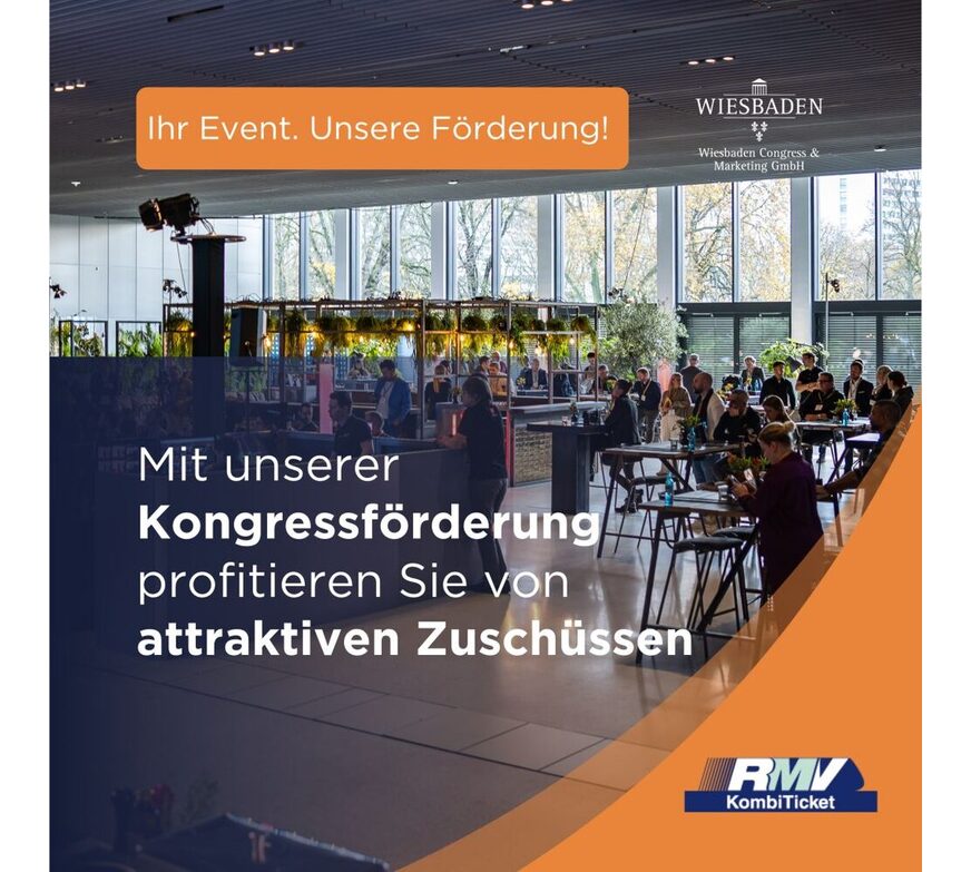 Ansicht eines Event in Halle Süd im RMCC mit Hinweis zur Kongressförderung und dem RMV Logo